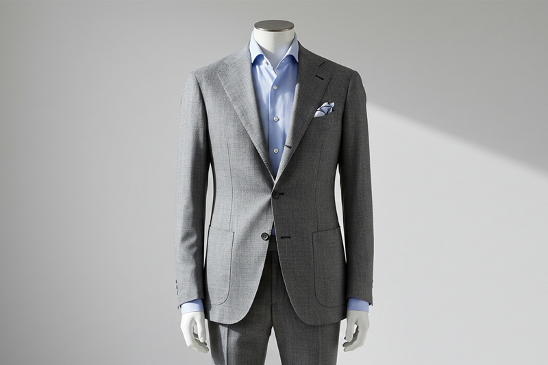 グレースーツと青シャツコーデ